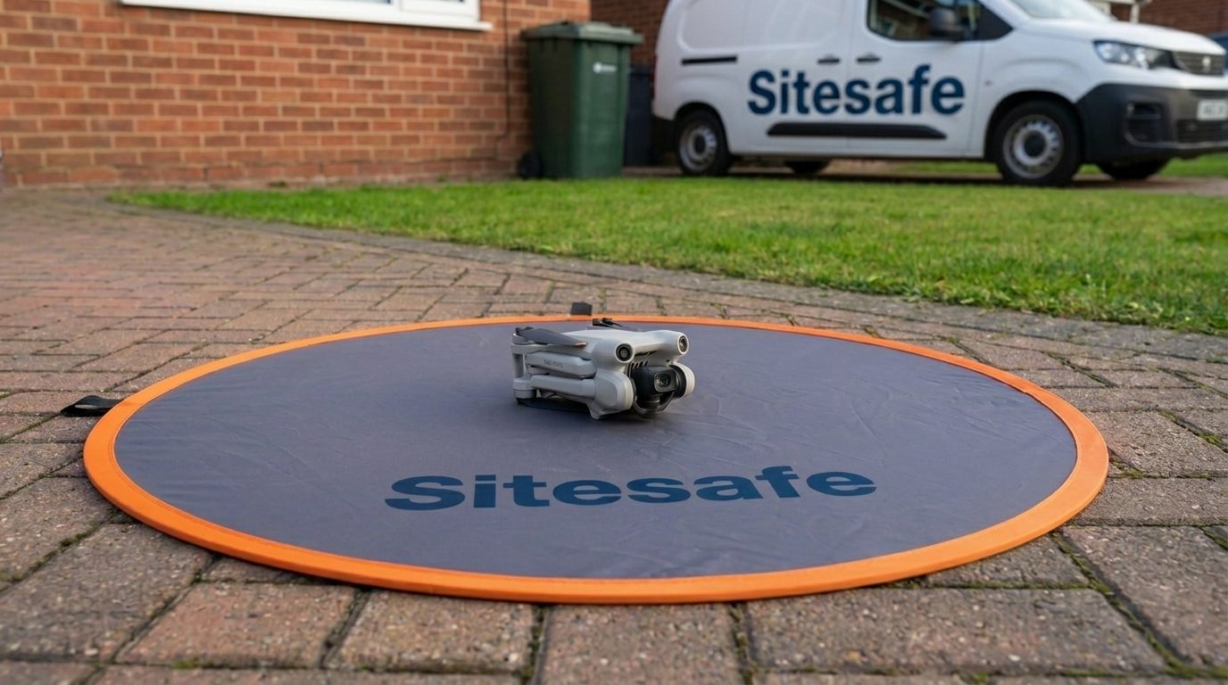 Sitesafe drone on a landing pad on a residential driveway, with the branded Sitesafe van behind